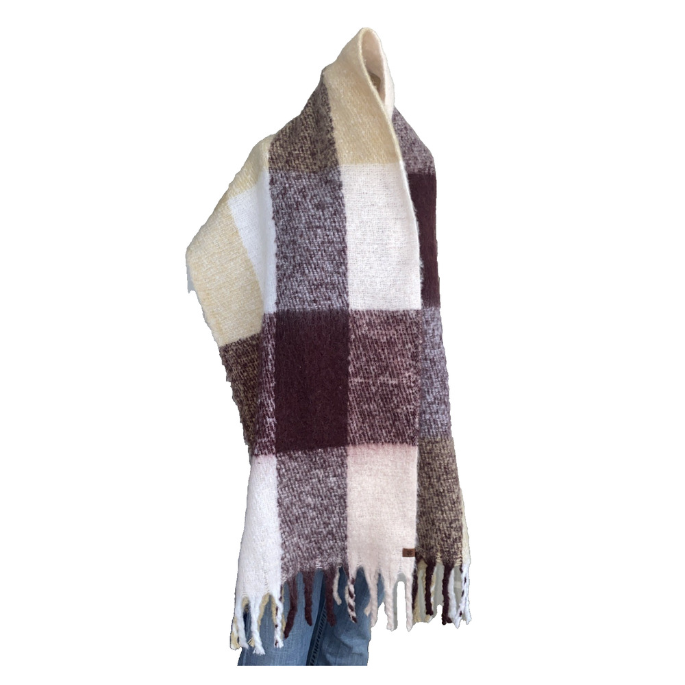 Lucky Brand Recycled Polyester Blanket Scarf Burgundy/Ivory Plaid Fringe Tassels